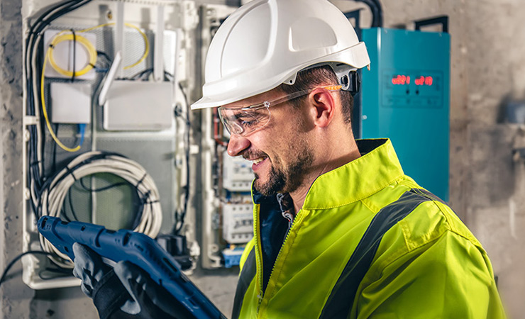 Eine Person mit Helm bei der Arbeit an elektrischen Anlagen