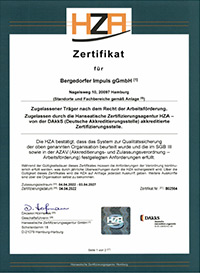 Zertifikat HZA – AZAV SGB II, gültig 2022 bis 2027